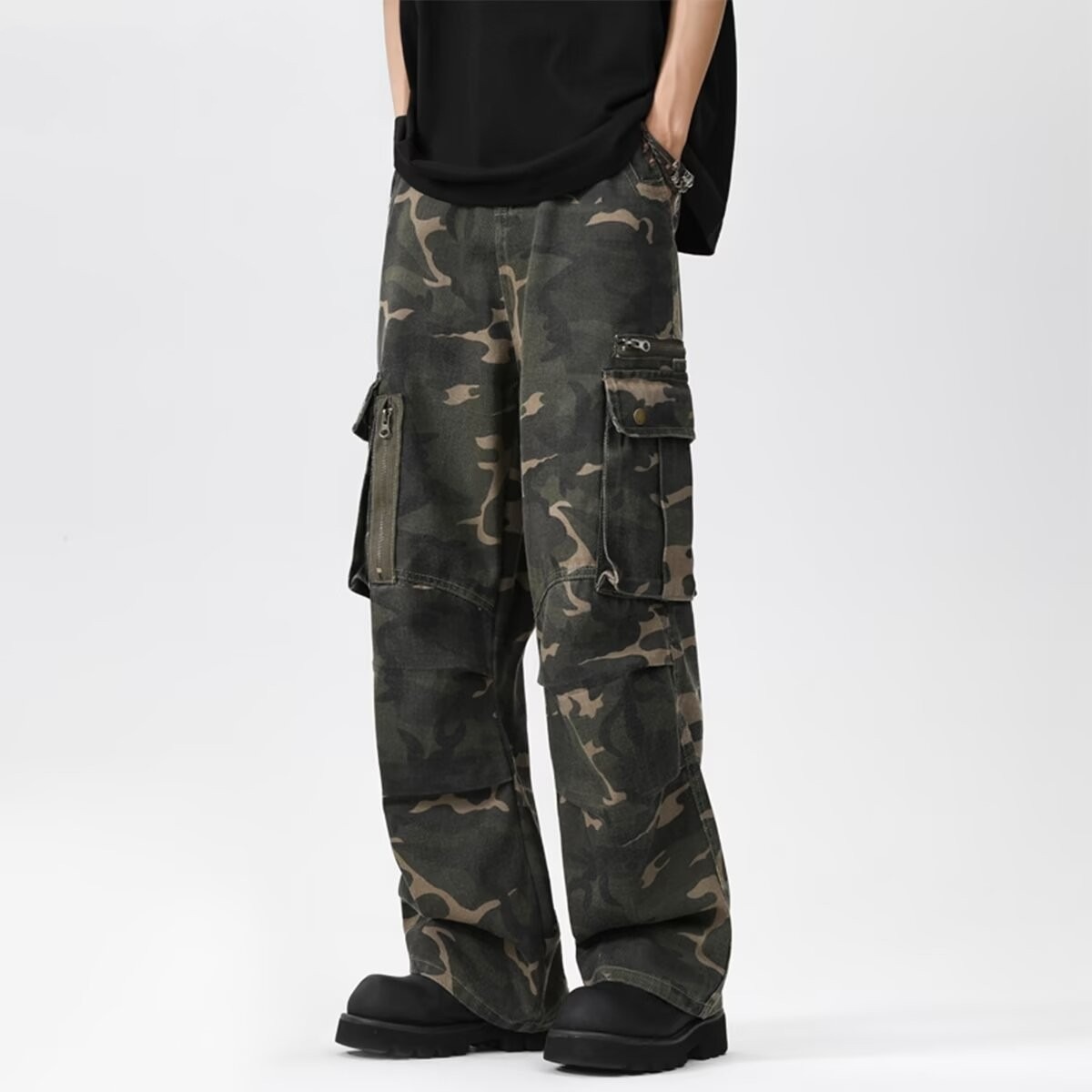 Army Green Zipper Camouflage Casual Pants Men's Spring and Autumn New Style Tooling Straight Loose Wide Leg Trendy High Street Pants