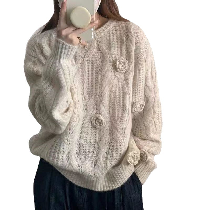 Suéter de punto estilo coreano con cuello redondo y diseño de rosa tridimensional, moda otoño 2024 image 6