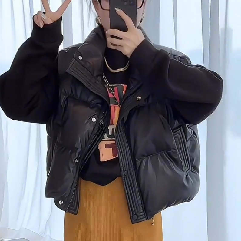 Pu Leather Short down Vest Women's Outerwear 2025 Autumn and Winter New Fashion Stand Collar Warm White Duck down Waistcoat Vest