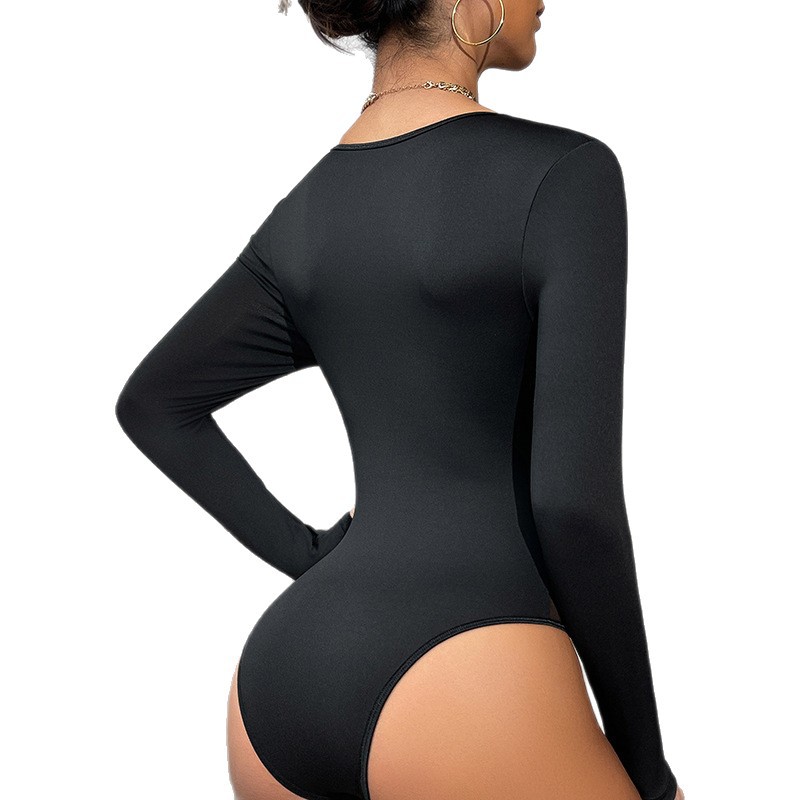 Amazon nuevo extranjero europeo y americano sexy encaje mosaico negro hueso de pescado camiseta ropa interior explosiva perspectiva manga larga