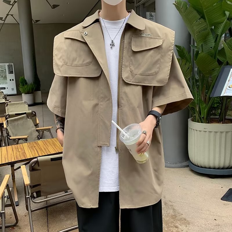 High-end design deconstructive layered shirt men's summer niche short-sleeved jacket ins trendy shawl loose jacket High-end design deconstructive layered shirt men's summer niche short-sleeved jacket ins trendy shawl loose jacket