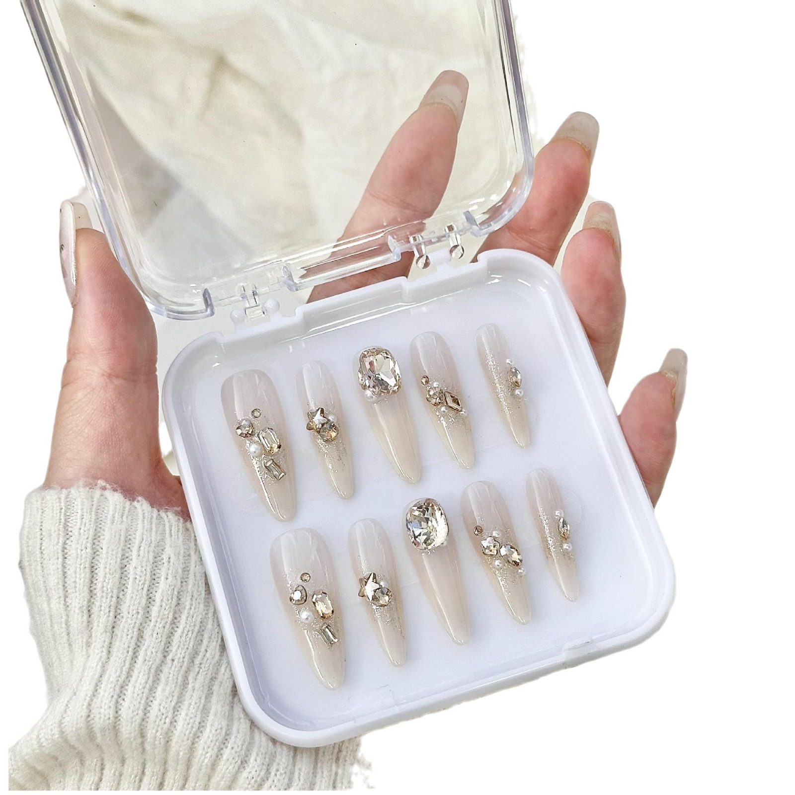 Caja de almacenamiento de uñas de desgaste hecho a mano cubierta transparente fondo rosa pieza de uñas de acrílico desgaste caja de embalaje de uñas al por mayor