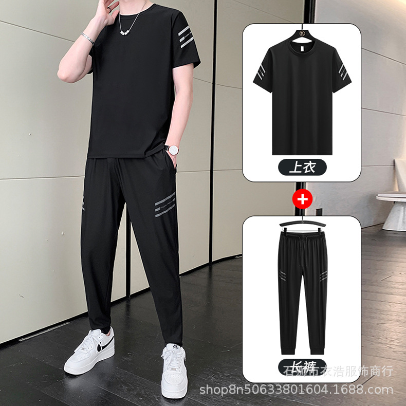 Verano traje de manga corta Camiseta deportiva de seda de hielo de los hombres con pantalones de secado rápido ins media manga camiseta casual traje de dos piezas