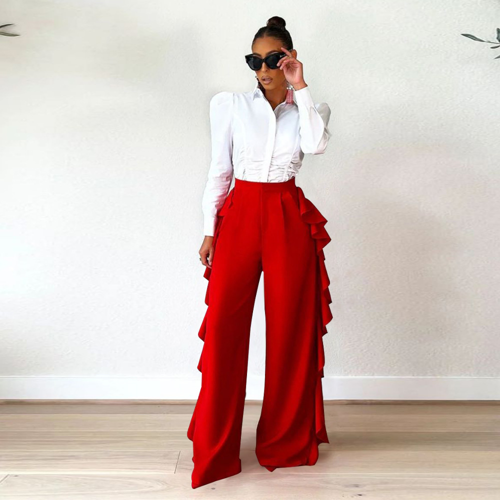 Women's Ruffled High-Waisted Wide Leg Pants Casual Formal High Waist Trousers For Spring Autumn Summer Regular Fit Polyester_ecoleips.com