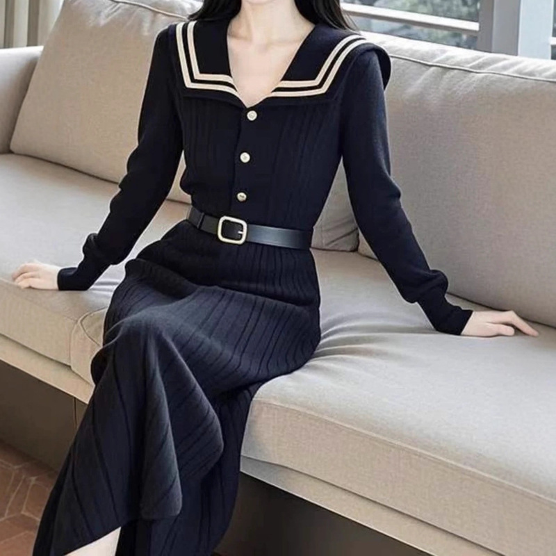 Fashion Women's Autumn and Winter New Navy Blue Navy Collar Slim Knitted Dress for Women Fashion Women's Autumn and Winter New Navy Blue Navy Collar Slim Knitted Dress for Women