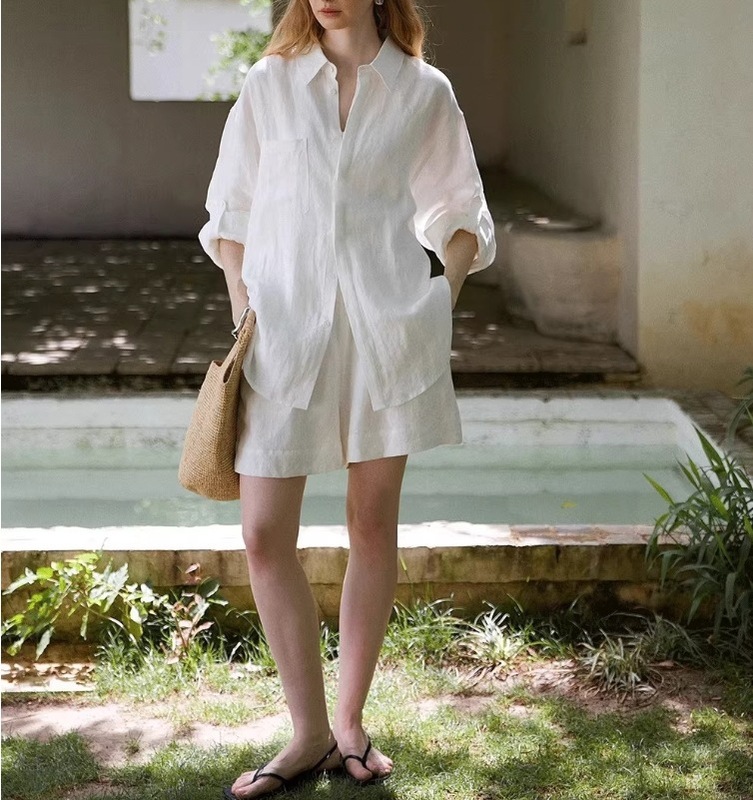 White Old Money Style Linen Long-Sleeved Shirt Women's Summer Thin Accessible Luxury High-End Cotton and Linen Shirt Shorts Sun Protection Suit