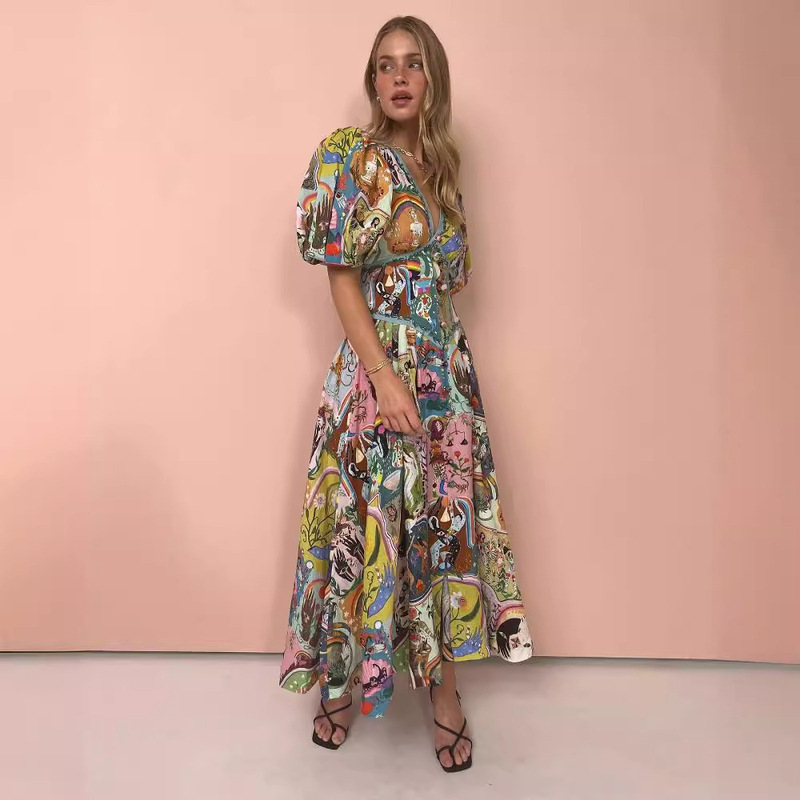 Nostalgic Retro Dress Antique Cotton and Linen Printed Short-Sleeved V Neck Western-Style Large Hem Dress for Women Nostalgic Retro Dress Antique Cotton and Linen Printed Short-Sleeved V Neck Western-Style Large Hem Dress for Women