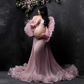 孕妇透视大肚子百褶裙风琴摆褶皱孕妇装两件套的孕妇装写真拍照裙
