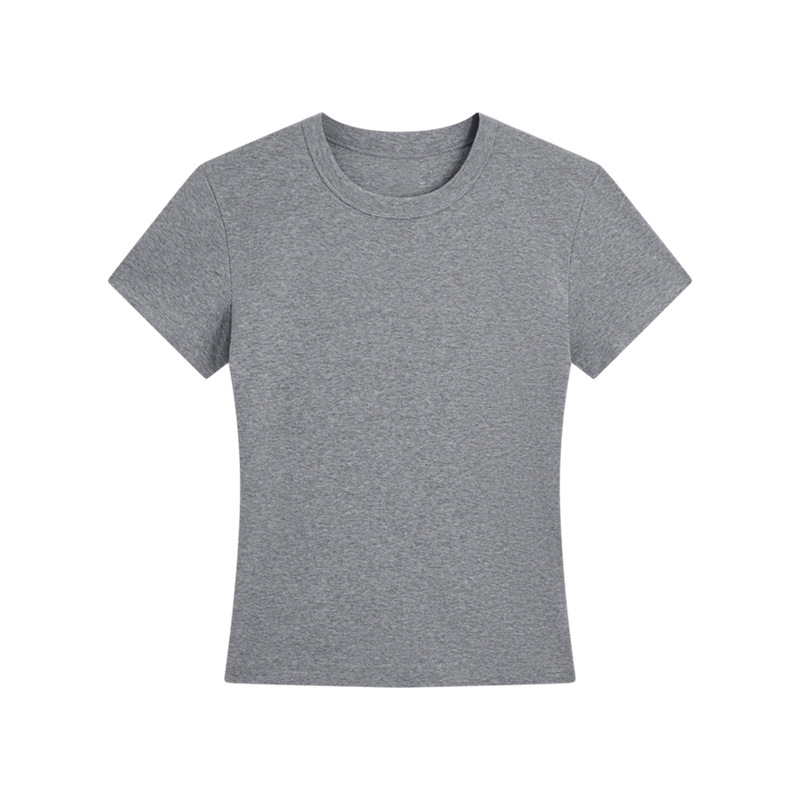 肩の半袖のtシャツの女性のフランスの丸首の2025夏の短いタイプの弾力の修身のギャルの風はやせている短い上着の女性を現します。