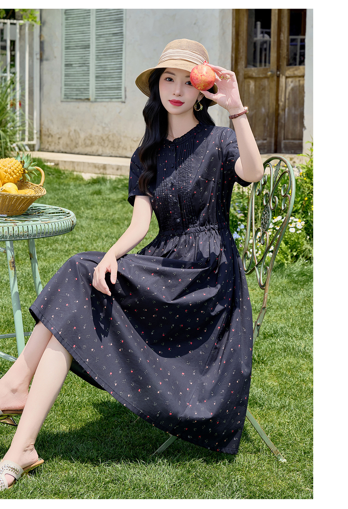Đầm maxi nữ thắt eo in họa tiết hoa cổ điển tay ngắn — Xanh lông mòng đen chi tiết 19