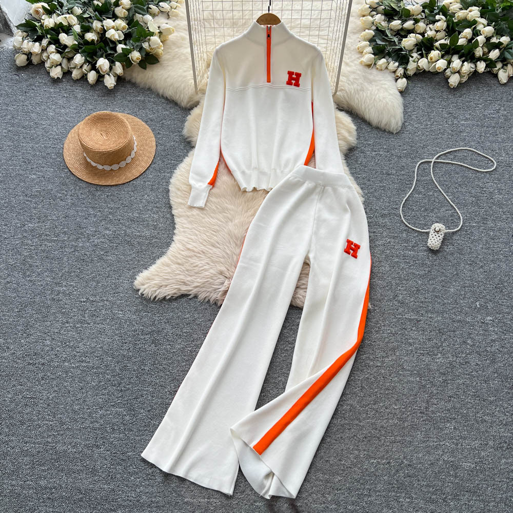 Casual Sports Suit for Women in Autumn with Contrasting Letter Embroidery, Stand-Up Collar, Half-Zip Knitted Top, Wide-Leg Pants