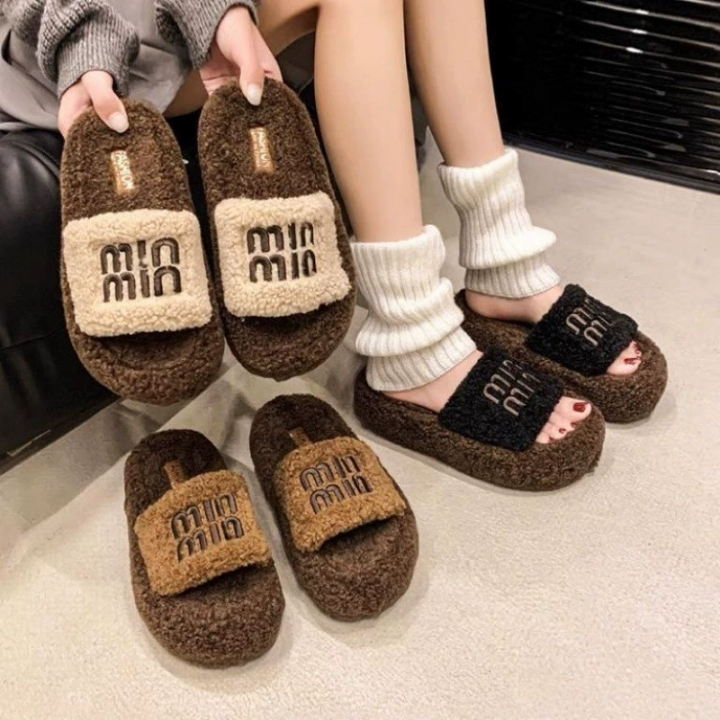 新款厚底毛毛拖鞋女外穿秋冬季羊羔毛茸茸网红舒适时尚家居棉拖鞋
