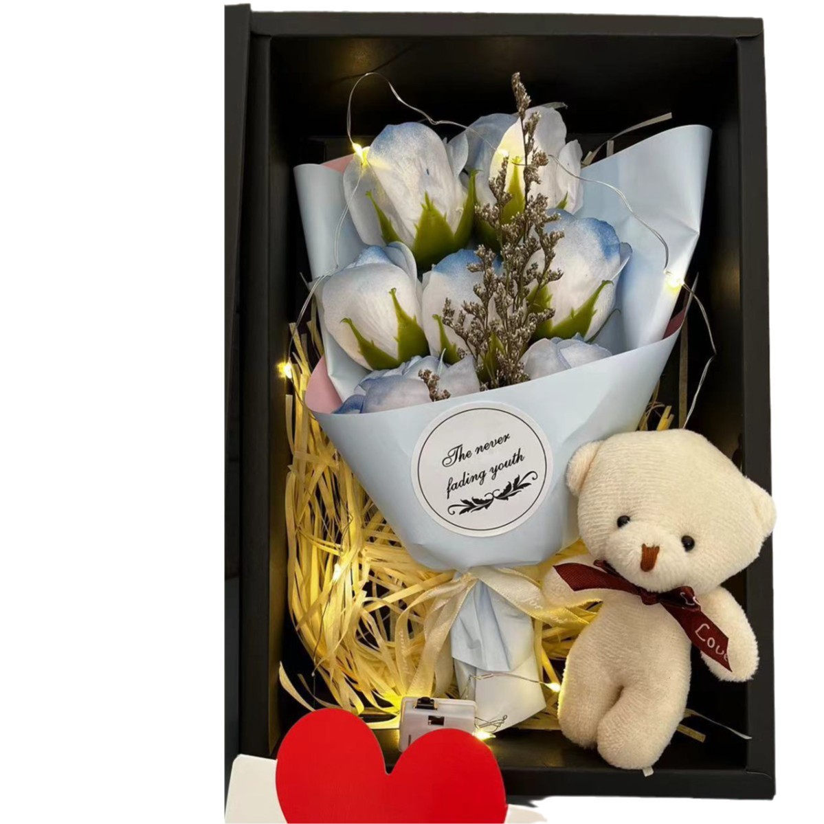 Home & Garden - Confezione regalo con 7 fiori di sapone a LED - Elegante bouquet di rose e garofani con luci a LED calde per Natale, San Valentino e compleanno_voghion.com
