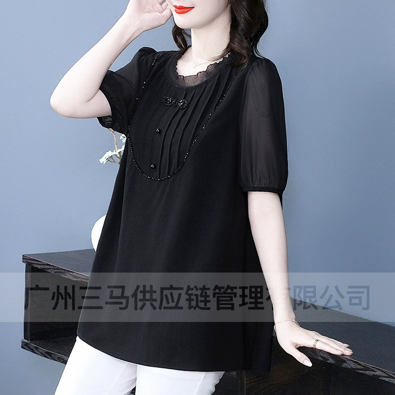 Летняя легкая зрелая высококачественная кружева свободного размера плюс большой размер с короткими рукавами шифоновая рубашка топ 240 фунтов толстая женская одежда среднего возраста