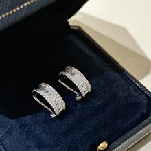 纯银 925 Sterling Silver T方双排钻耳圈高碳钻满钻镶嵌半圆耳钉