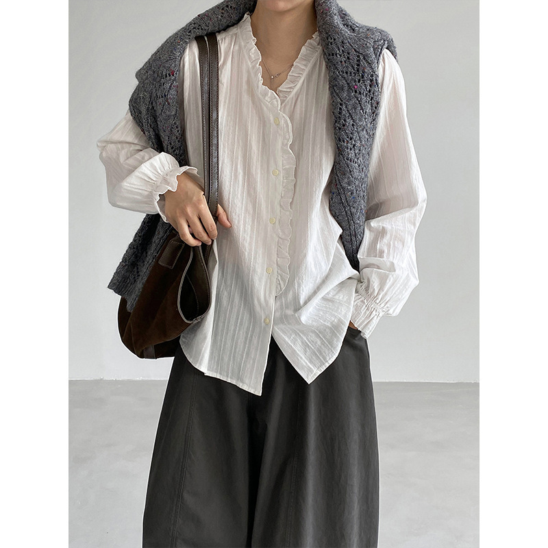 Jiangzuo French-style all-cotton vintage heavy jacquard shirt for women, autumn Korean style, flattering and slimming, elegant top 06601