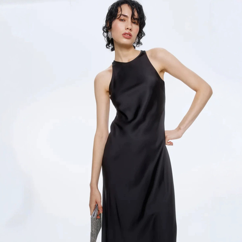 American-Style Y2K Satin Halter Neck Dress, Elegant and Slimming with a Draping Effect, Sleeveless Long Dress, Cross-Border Trade, Ins Style