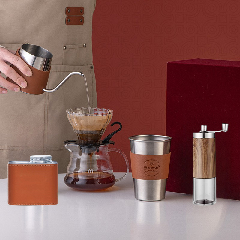 Outdoor Hand-Brewed Coffee Pot Set with Leather Cover Stainless Steel Coffee Cup Coffee Can Household Coffee Grinder Coffee Utensils