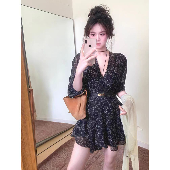复古轻熟风碎花V领长袖连衣裙女装春秋季收腰显瘦气质A字短裙子潮|undefined