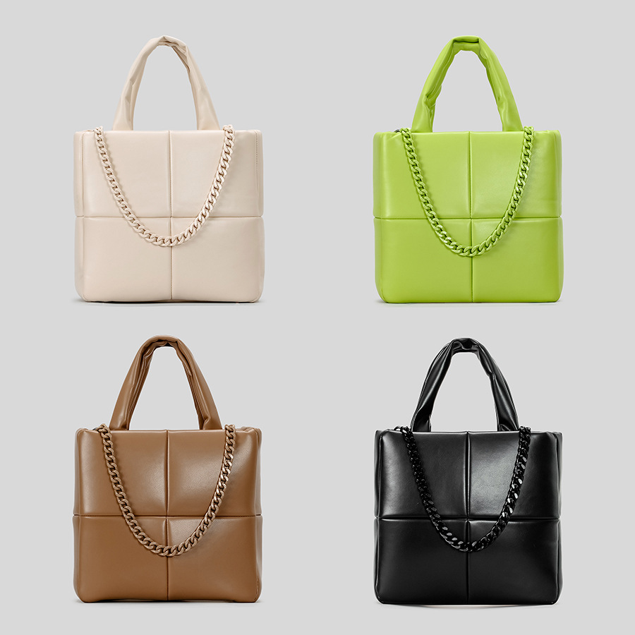 Damentaschen Kleine, braune PU-Tragetasche mit großem Fassungsvermögen, rautenförmige Handtasche mit Baumwollfüllung, dicke Umhängetasche mit Kette für Damen_voghion.com