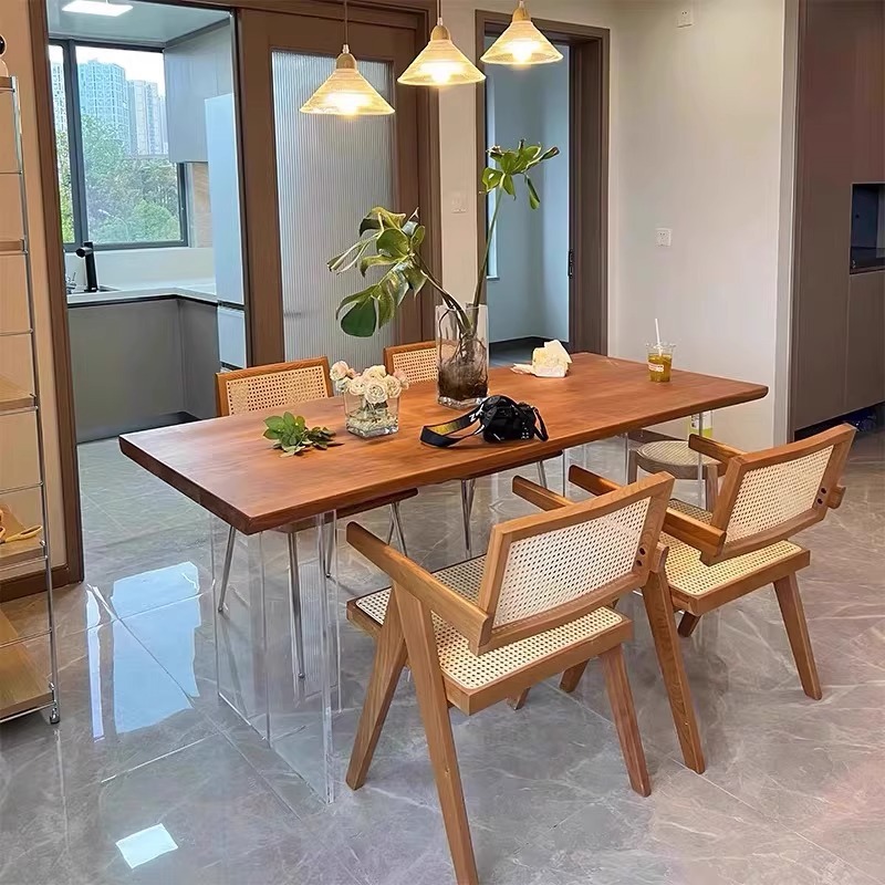 原木亚克力餐桌纯实木长方形悬浮桌子小户型家用吃饭桌子桌椅组合