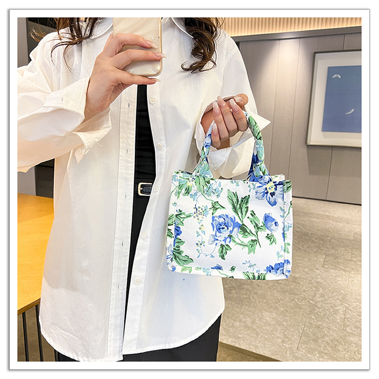105g Weight Sewing Thread Fashion Element Magnetic Buckle Closure Type Double Handle Strap Type Handbag Bags Type Holiday, Daily Occasion Canvas Material Women's Backpack Backpack Flower Pattern All Seasons Season Women's Gender Elegant Style Square Shape Women's Canvas Flower Elegant Sewing Thread Square Magnetic Buckle Handbag 5