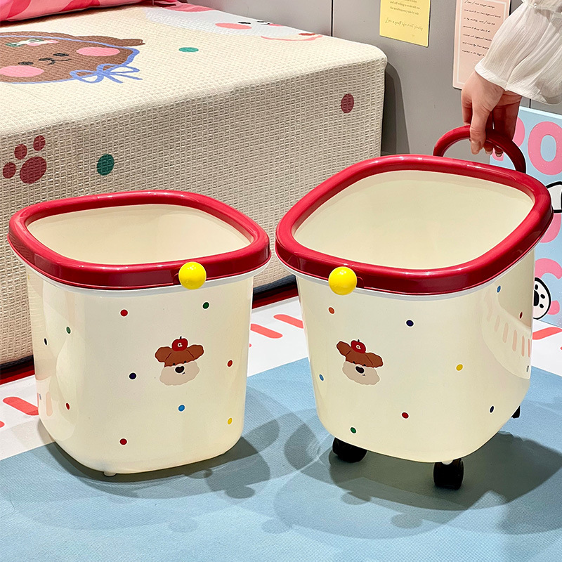 Cream-style wheeled trash can for home use, with large opening and press ring, suitable for living room and kitchen, cartoon-style waste storage bin Cream-style wheeled trash can for home use, with large opening and press ring, suitable for living room and kitchen, cartoon-style waste storage bin