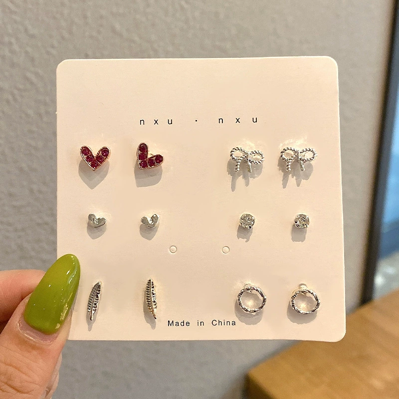 Earrings set, small elegant studs 2–12 pcs, pearl and charming motif designs