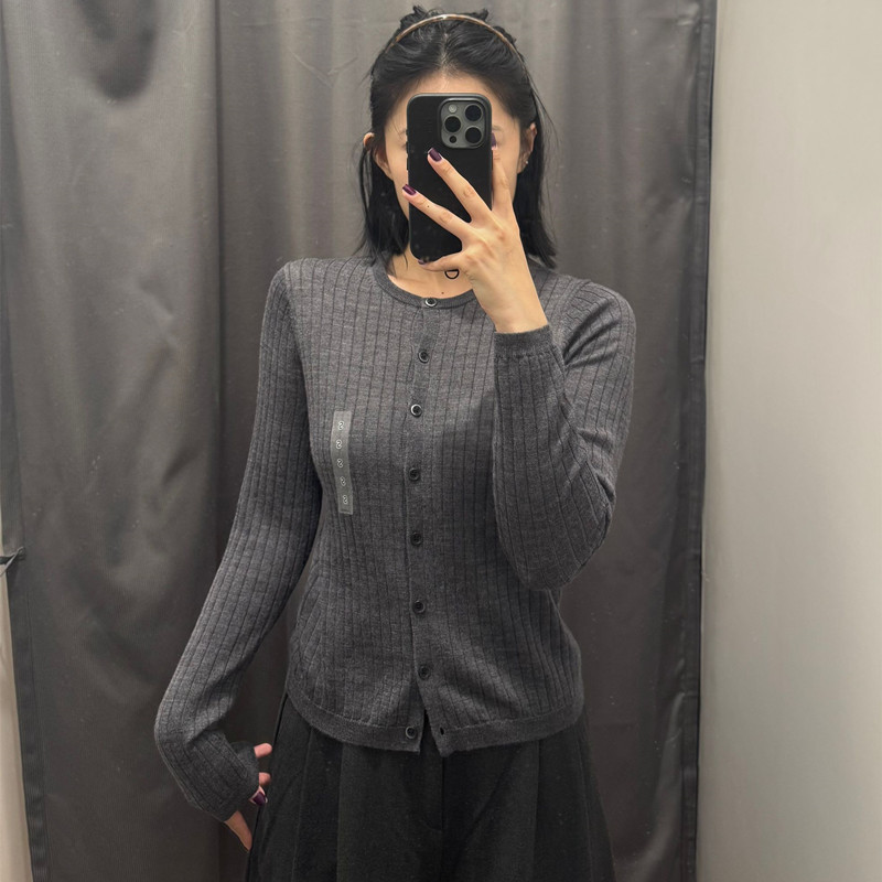 Autumn Women's Worsted Merino Wool Ribbed Round Neck Knitted Short Cardigan Slimming Look New Style Y478336