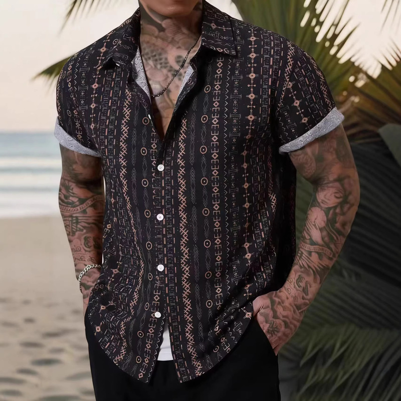 Fashion Men's Striped Cotton Linen Men's Short-sleeved Shirt Men's Shirt Summer Middle Eastern Style 2025 New Cross-border