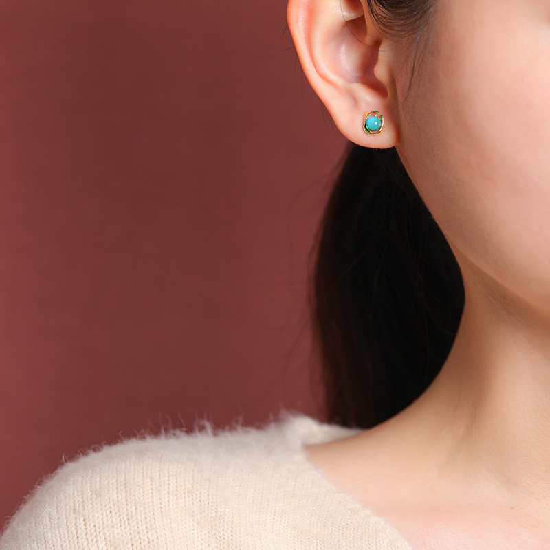 Khuyên tai bạc S925 mạ vàng đính đá turquoise hình học cá tính — Cặp đôi