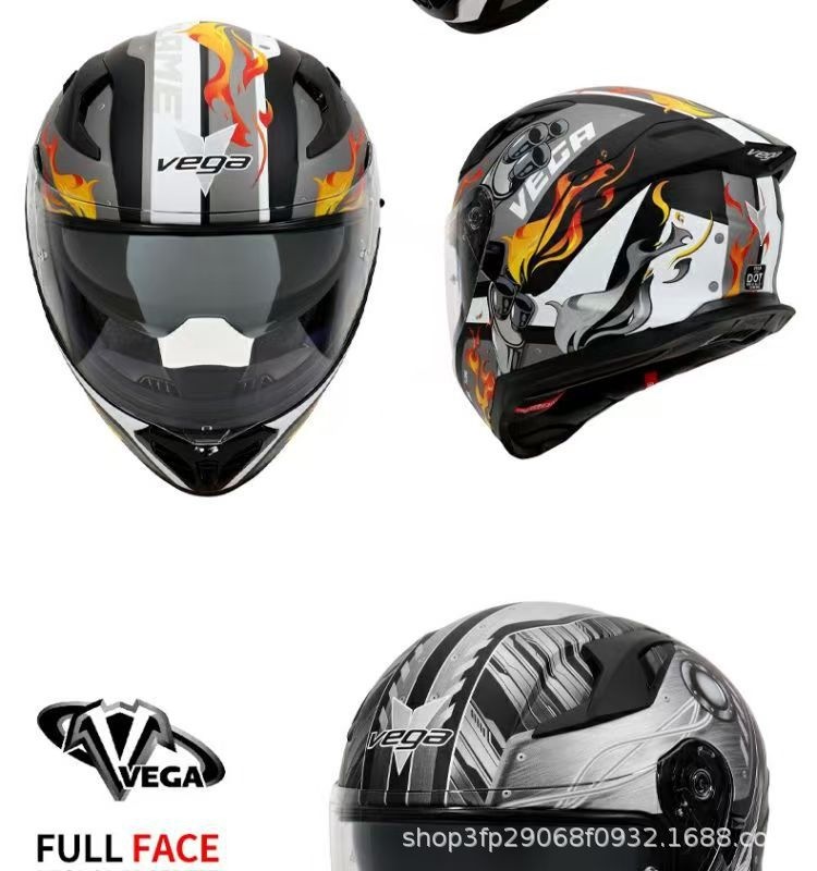 American Vega Motorcycle Helmet for Men and Women, Bluetooth Racing Helmet, Four-Season Sun Protection Full-Face Helmet, Retro Motorcycle Helmet with Large Tail Wing, 3C