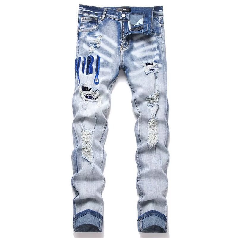 Cross-Border Am American Street Washed Ripped Patch Jeans Young Men's Slim Fit Small Feet European and American High Street Pants Cross-Border Am American Street Washed Ripped Patch Jeans Young Men's Slim Fit Small Feet European and American High Street Pants