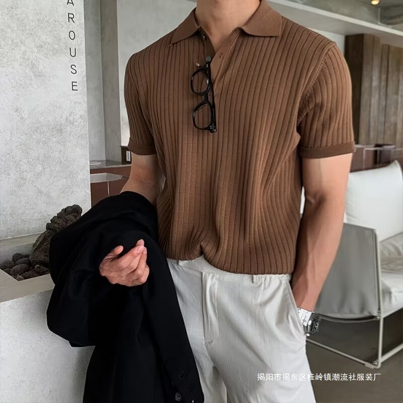 Collar Polo Shirt Men's Trendy Casual Summer Textured Color Korean Style Knitted Shirt Short Sleeve T-Shirt Base Shirt Men's Black