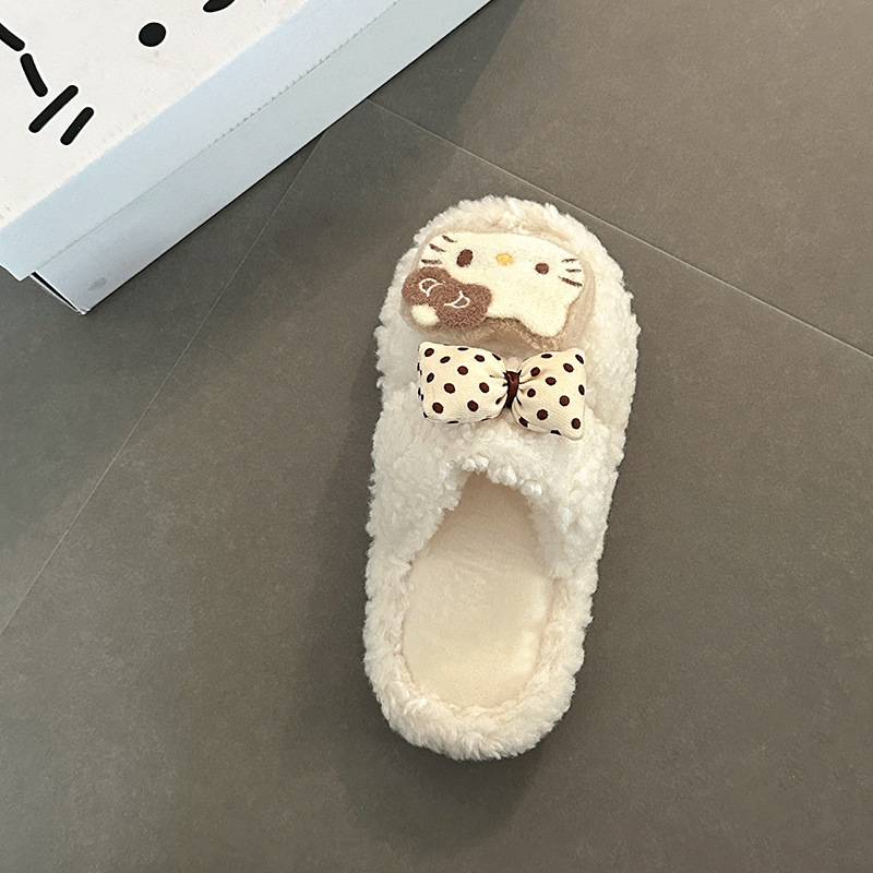 蝴蝶结kt猫平底毛毛拖鞋女秋冬季可爱卡通露趾休闲一字毛绒棉拖鞋|undefined