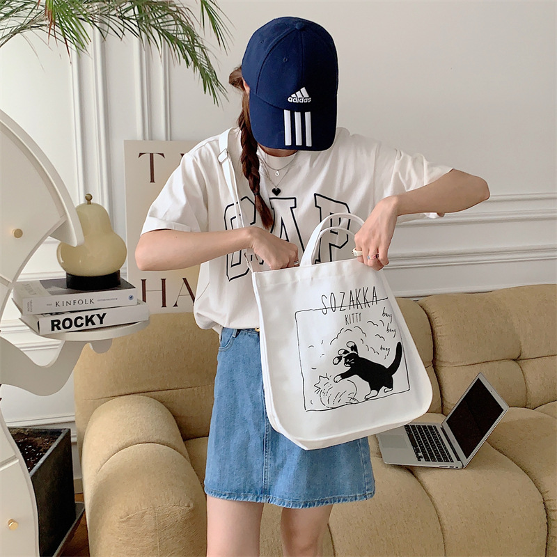 37271 Japanese cartoon canvas bag, women's printed crossbody bag, tote bag, large-capacity student class bag, handbag undefined