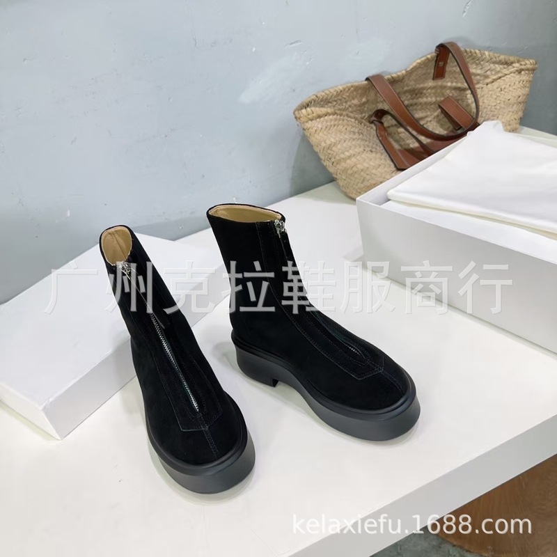 高端小众2025新款真皮英伦风圆头复古松糕厚底增高前拉链短靴单靴|undefined