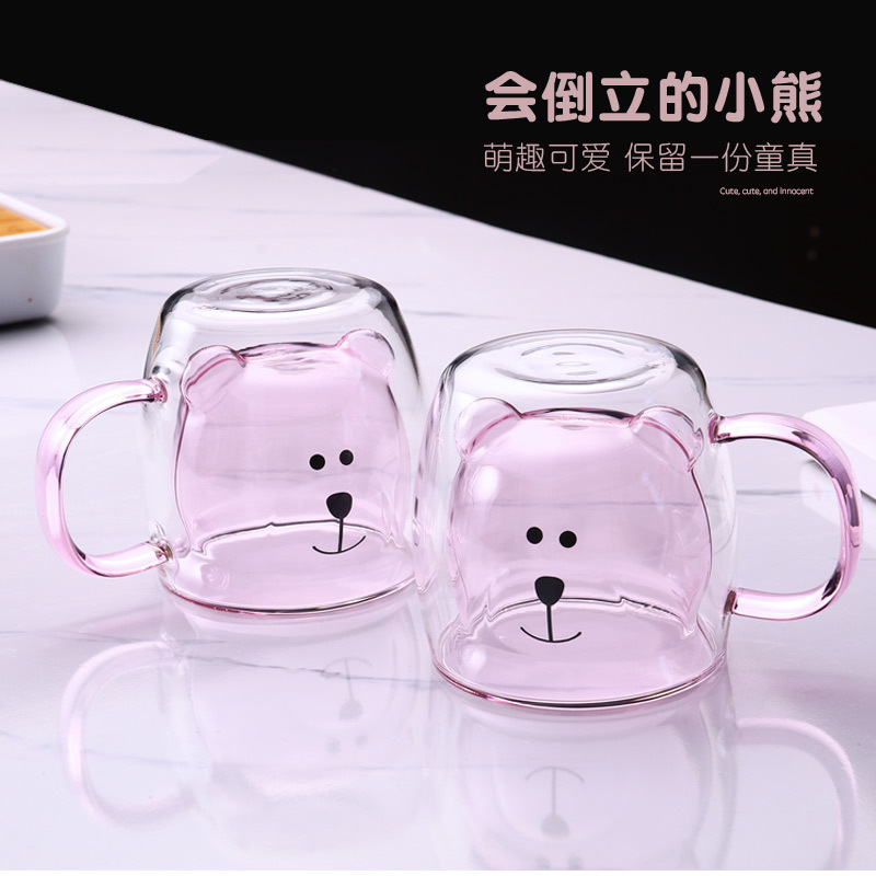 Mango de oso taza con mango de doble capa de vidrio taza de café desayuno hogar taza de leche taza de agua lindo Oso de dibujos animados taza