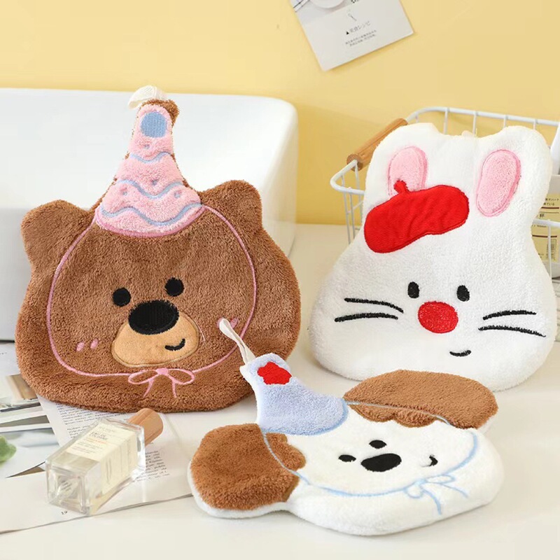 Cartoon Animal Hangable Hand Towel Home Bathroom Kitchen Absorbent Hand Towel Puppy Bear Rag