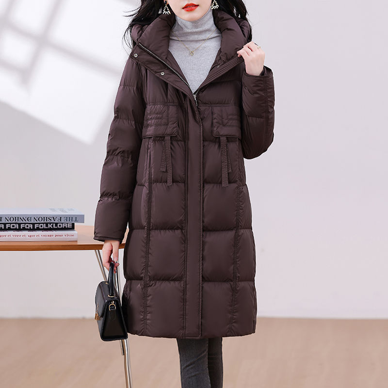 白鸭绒休闲过膝长款连帽羽绒服女2025冬新款宽松保暖洋气时尚外套|undefined