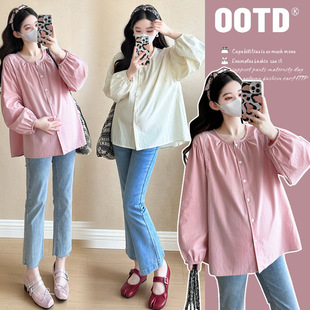 2025 New Real Shot in stock Korean Spring and Autumn Solid Color Hollow Lace Solid Color Loose Belly Covering Slim Shirt