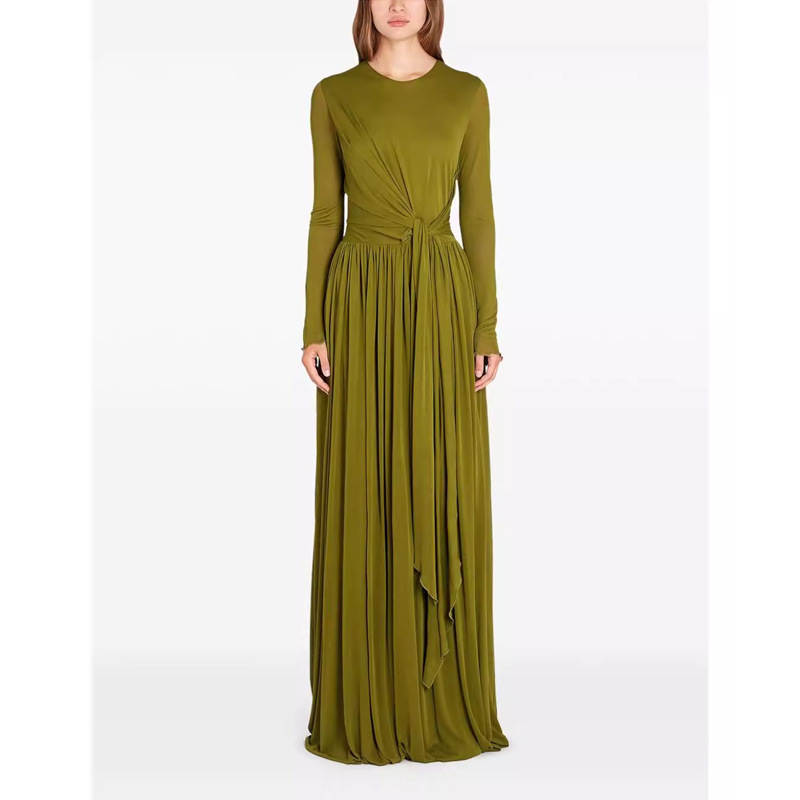 European and American Style Elegant Ladylike Stand-Up Collar Tie Dress for Women, 2025 Autumn New Design Ultra-Long Formal Dress