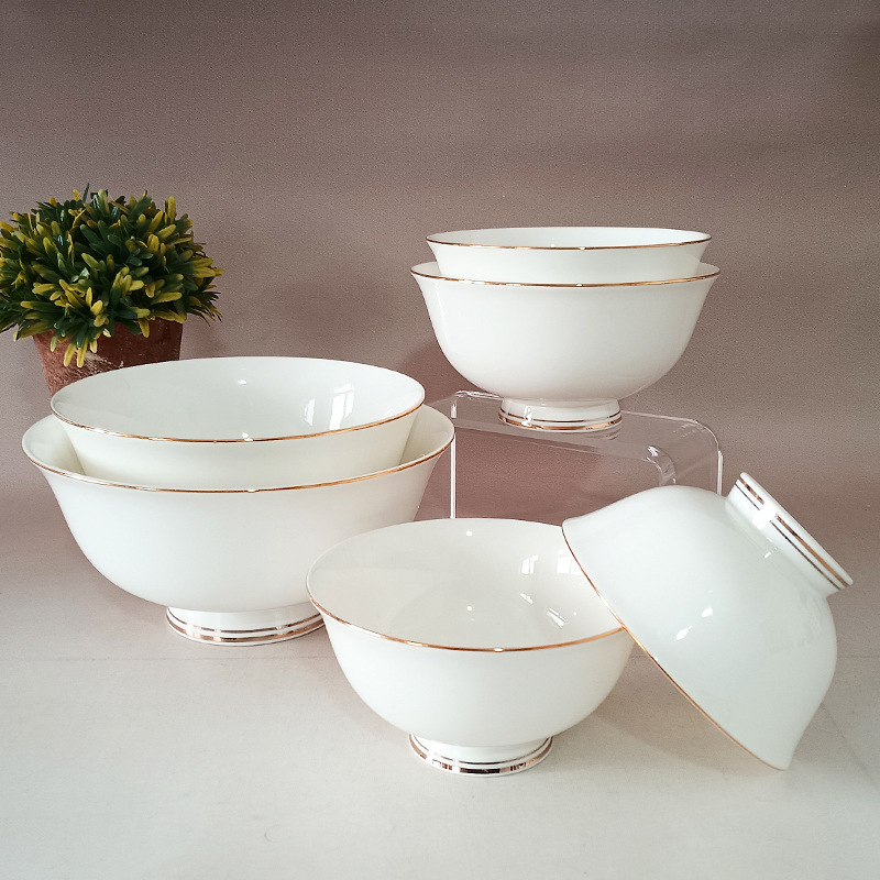 Ceramic Anti-Scalding Gold-Rimmed White Eating Noodle Soup Tall Bowl Tableware Home Hotel Business Gift Bone China Bowl Set