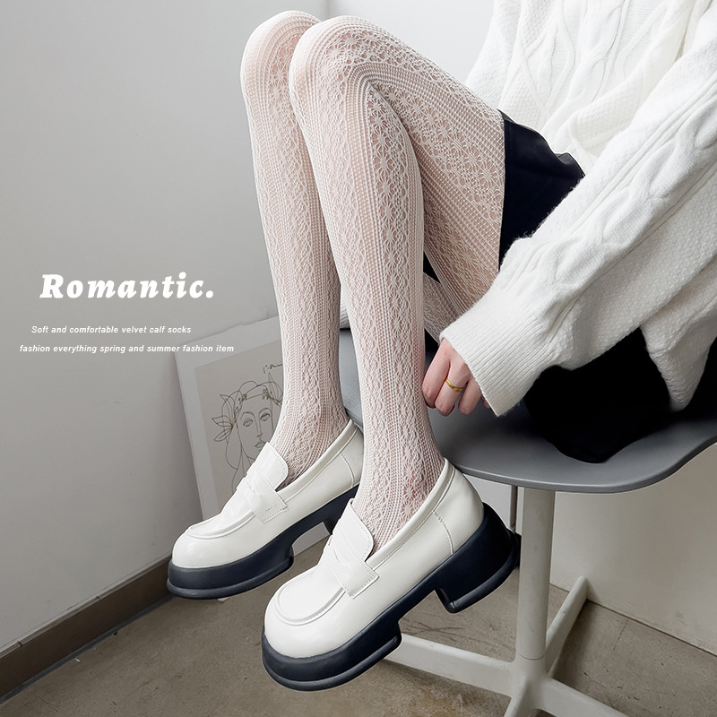 Lolita primavera/verano dulce blanco lechoso hueco de malla jacquard pantyhose verano encaje transpirable bottoming calcetines sobre la rodilla
