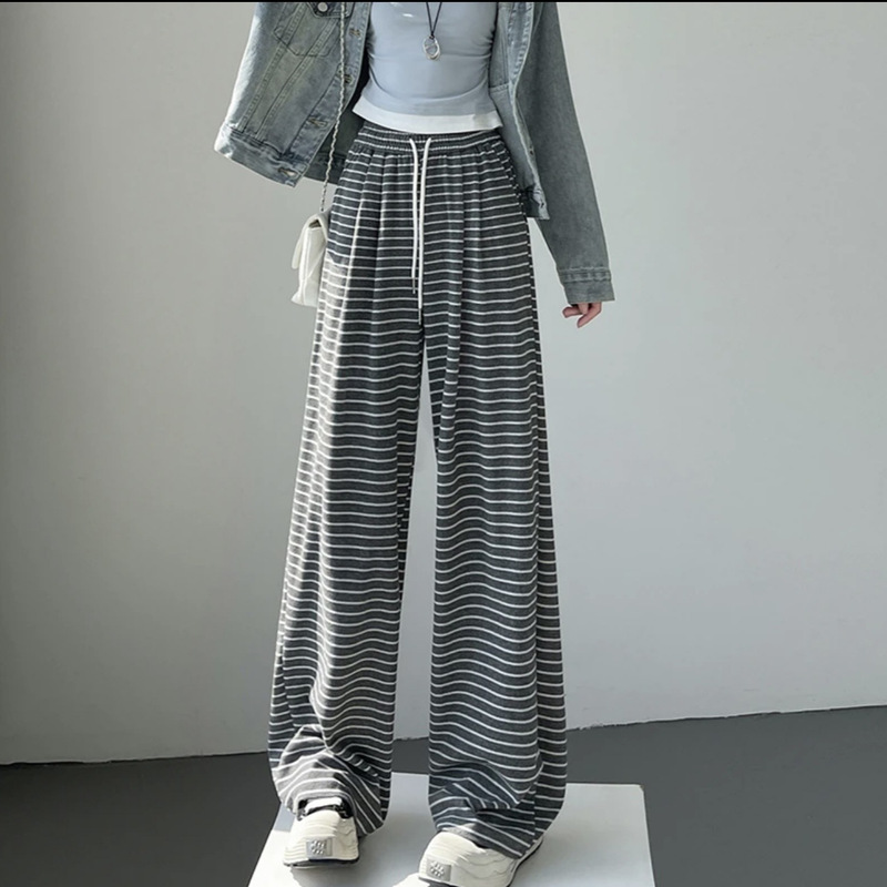 秋季新款条纹阔腿裤女高腰垂感慵懒风显瘦糯米休闲裤宽松直筒裤子|undefined