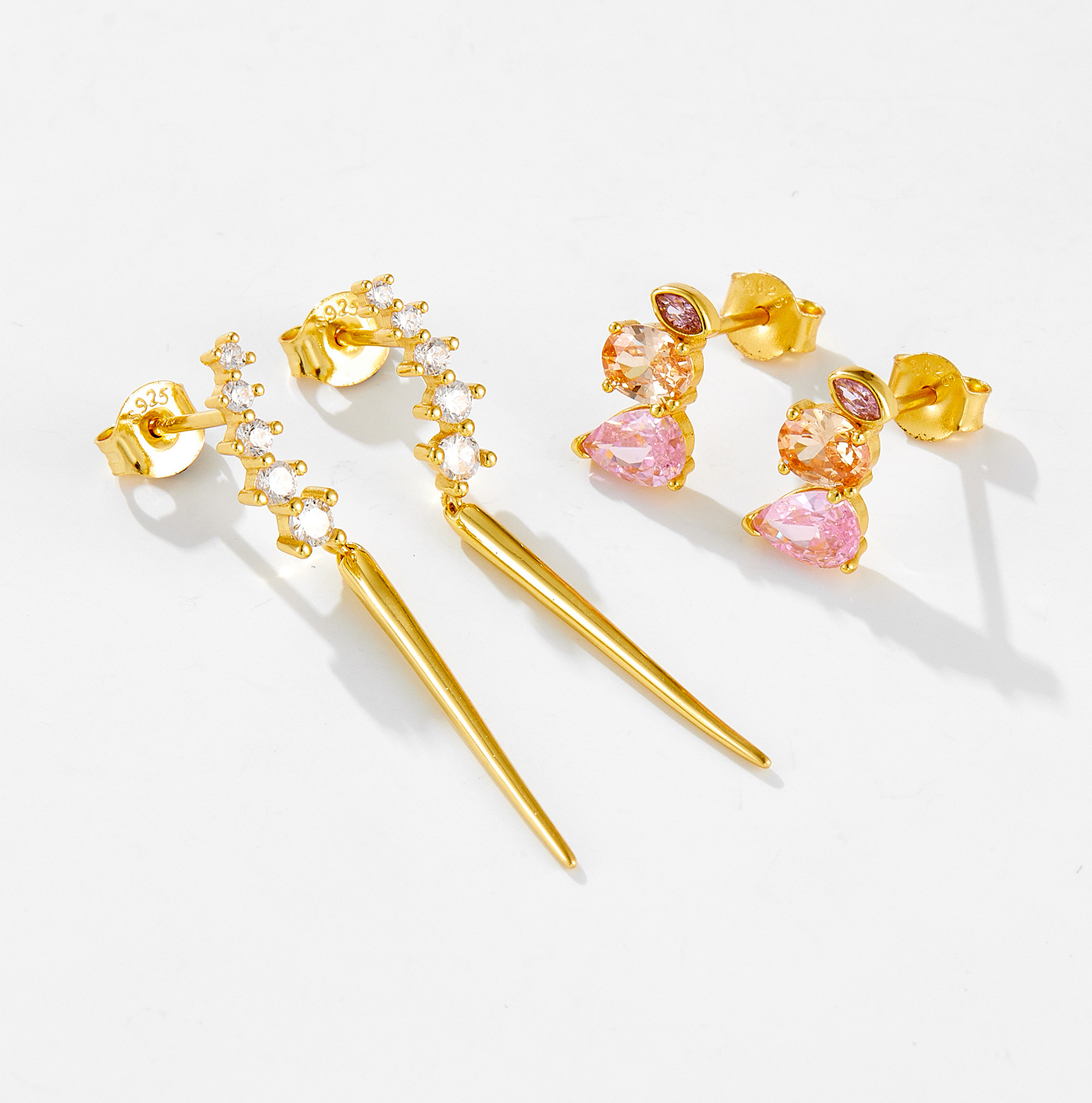 925 Sterling Silver Ear Needle Material 18K Real Gold Plated Plating Material 1 Pair 925 Sterling Silver Zircon Geometric Drop Earrings Ear Studs