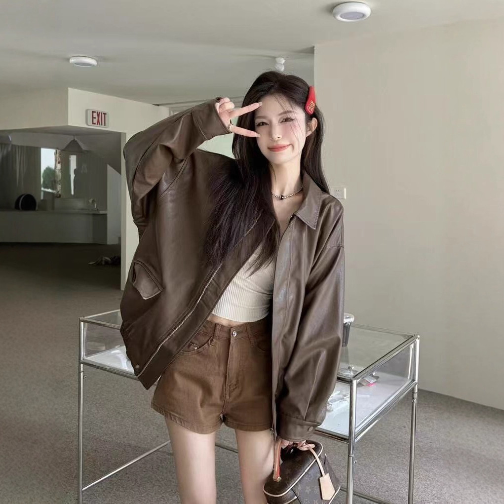 Retro Brown Leather Jacket Women's Short 2025 Autumn and Winter Small Korean Style Loose Leather Jacket Handsome Motorcycle Jacket