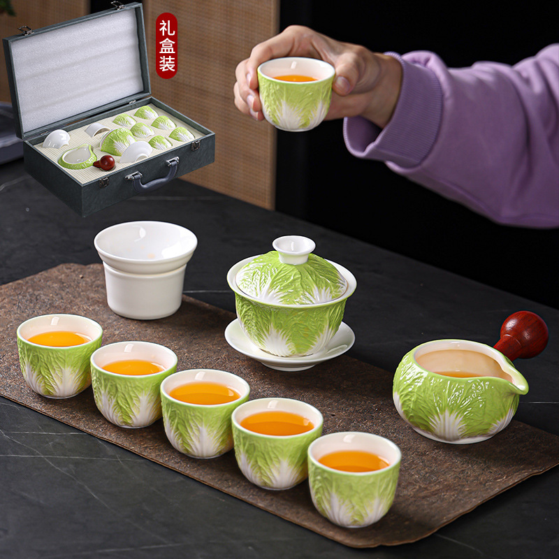 陶瓷功夫茶具套裝創意白菜百財納福快客杯旅行茶具特色禮品帶禮盒