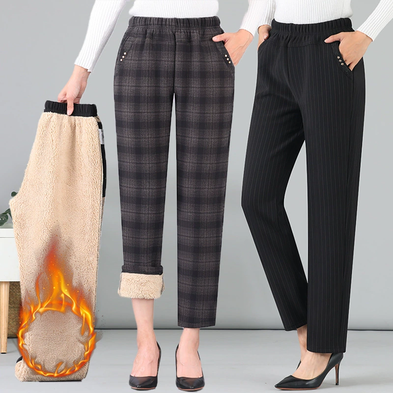 Зимние бархатные брюки из ягненка, женские бархатные брюки для мам, верхняя одежда, Иностранная элегантная высокая талия, утепленные теплые брюки для бабушек с флисовой подкладкой