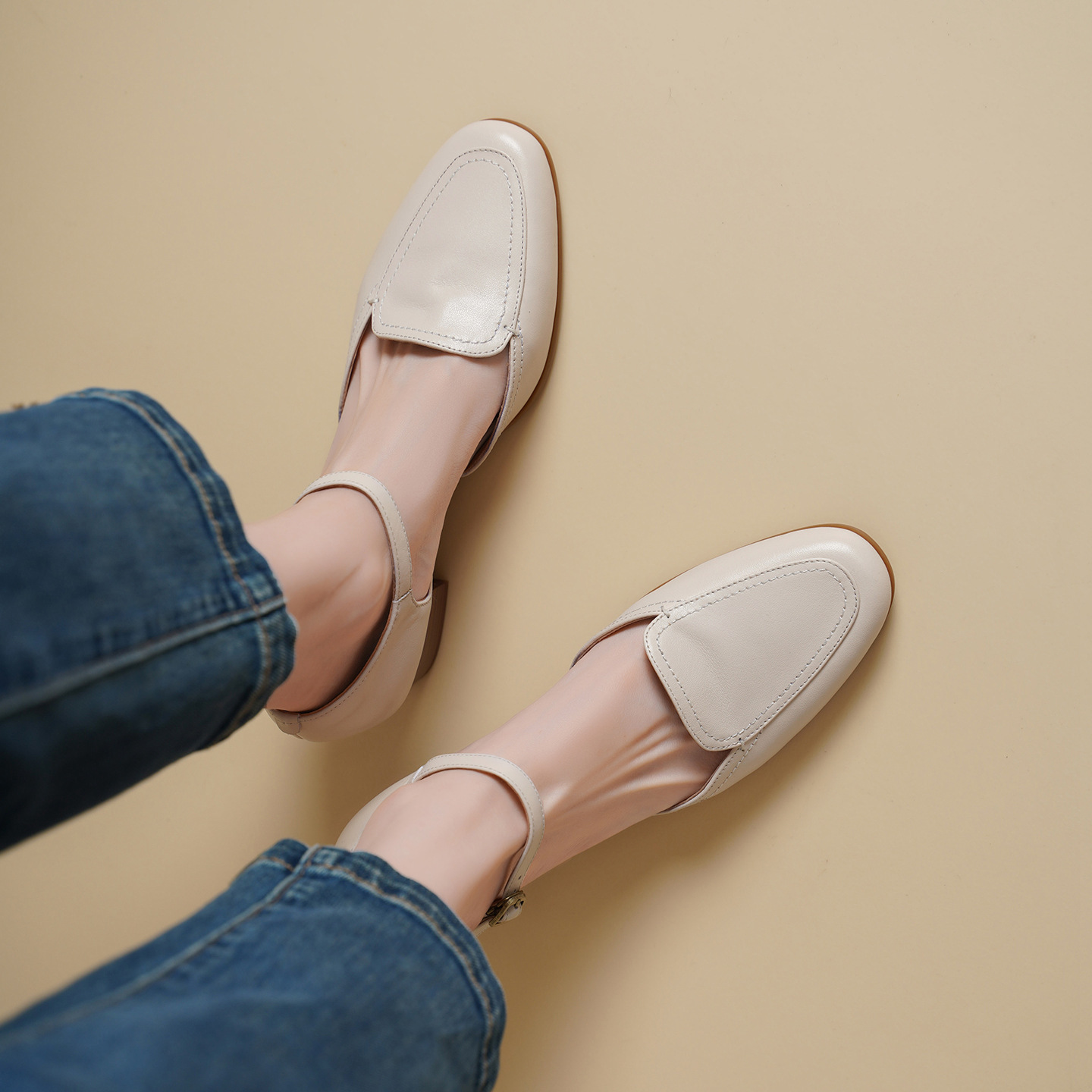 Giày sandal cao gót nữ quai ngang mũi vuông gót 5 cm kiểu Mary Jane — đen